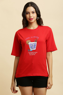 Purser Printed Women Round Neck Red T-Shirt