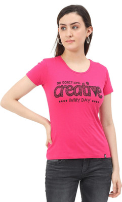 FEDAMSEL Printed, Typography Women Round Neck Pink T-Shirt