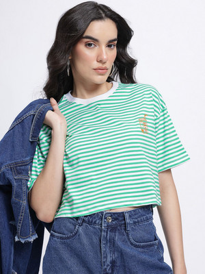 Glitchez Striped Women Round Neck Green T-Shirt