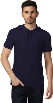 GEUM Solid Men Hooded Neck Navy Blue T-Shirt