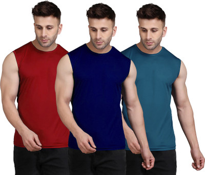 UDI n ADI Solid Men Round Neck Navy Blue, Maroon, Blue T-Shirt