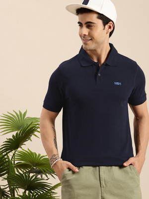 Mast & Harbour Solid Men Round Neck Navy Blue T-Shirt