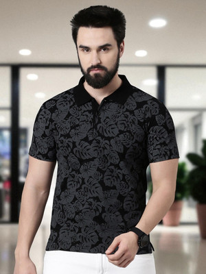 Kryptic Printed Men Polo Neck Black T-Shirt