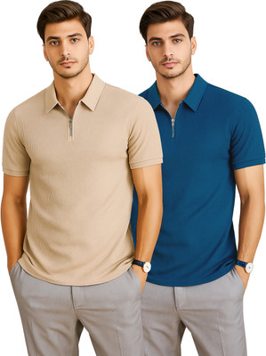 RMLKN Self Design, Solid Men Zip Neck Blue, Multicolor T-Shirt