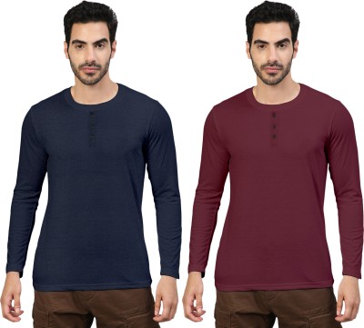 FTX Solid Men Round Neck Dark Blue, Maroon T-Shirt