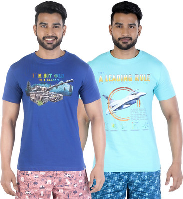 COLORS by Rupa Frontline Graphic Print Men Round Neck Dark Blue, Light Blue T-Shirt
