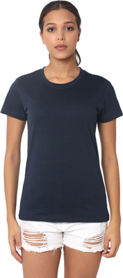 Figurefab Solid Women Round Neck Navy Blue T-Shirt