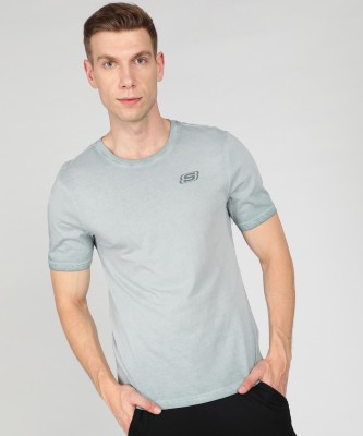 Skechers Solid Men Crew Neck Blue T-Shirt