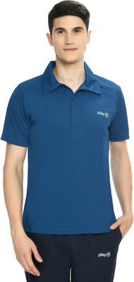 playR Solid Men Polo Neck Blue T-Shirt