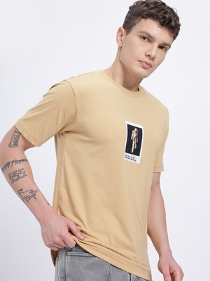 Glitchez Printed Men Round Neck Beige T-Shirt