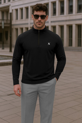 FTX Solid Men Zip Neck Black T-Shirt