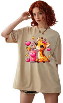 Ericia Printed, Graphic Print Women Round Neck Beige T-Shirt