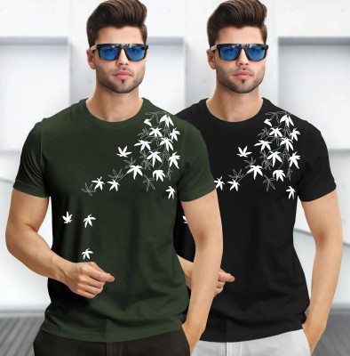 TRIPR Printed Men Round Neck Dark Green, Black T-Shirt