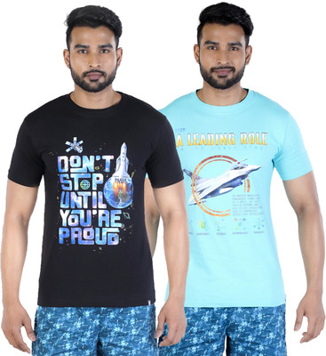 COLORS by Rupa Frontline Graphic Print Men Round Neck Black, Light Blue T-Shirt
