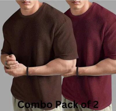 BOOM BAAM Self Design Men Round Neck Brown, Maroon T-Shirt