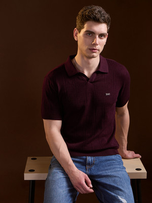THE BEAR HOUSE Self Design Men Polo Neck Maroon T-Shirt