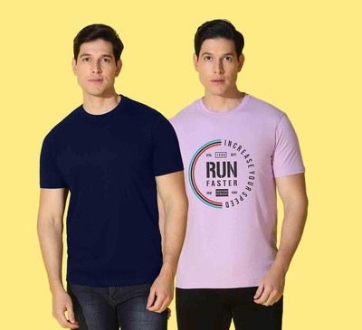 WOOSTRO Solid, Typography Men Round Neck Blue, Purple T-Shirt