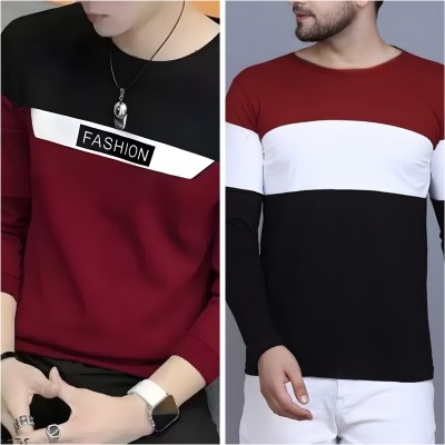 Meetri Printed Men Henley Neck Black, Maroon T-Shirt