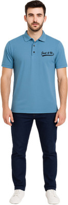 Blooming Solid, Printed Men Polo Neck Blue T-Shirt