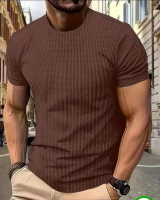 boombaam Self Design Men Round Neck Brown T-Shirt