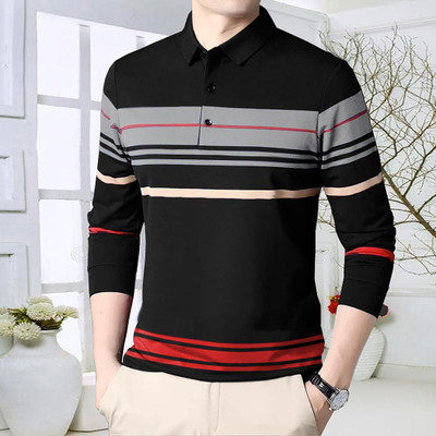 nityaf Striped Men Polo Neck Gold T-Shirt