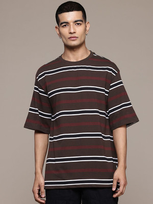 Roadster Striped Men Round Neck Brown T-Shirt