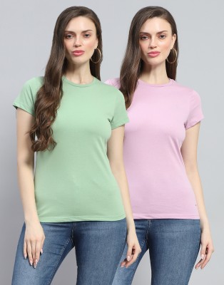 MONTE CARLO Solid Women Polo Neck Pink, Green T-Shirt