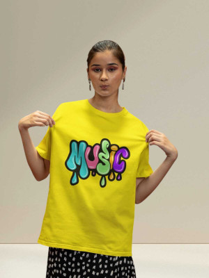 PD CLORI Printed Women Round Neck Yellow T-Shirt