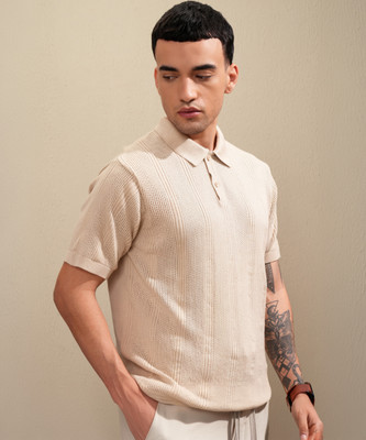HIGHLANDER Self Design Men Polo Neck Beige T-Shirt