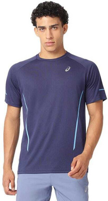 Asics Solid Men Round Neck Blue T-Shirt