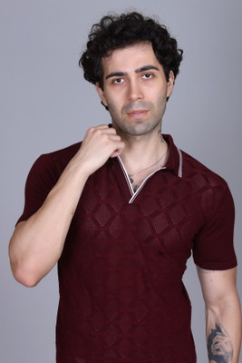 DZANT Striped Men Polo Neck Maroon T-Shirt
