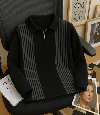 KAJARU Striped Men Zip Neck Grey T-Shirt