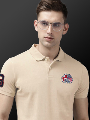Merriment Solid, Printed Men Polo Neck Beige T-Shirt