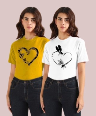 Lecowar Fashion Graphic Print Women Round Neck Yellow, White T-Shirt