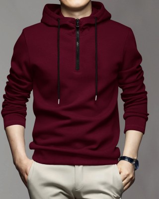 GARBLY Solid Men Hooded Neck Maroon T-Shirt