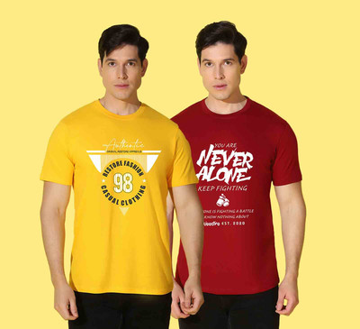 WOOSTRO Typography Men Round Neck Red, Yellow T-Shirt