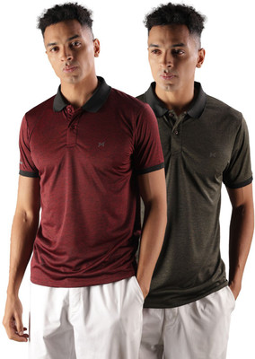 Force NXT Solid Men Polo Neck Maroon, Green T-Shirt