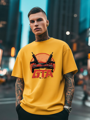 BUKKL Graphic Print, Printed Men Round Neck Yellow T-Shirt