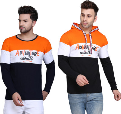 SLOWLORIS Printed Men Hooded Neck Orange T-Shirt
