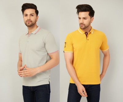 We Perfect Solid Men Polo Neck Grey, Yellow T-Shirt