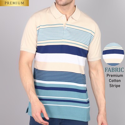 3BROS Striped Men Polo Neck Yellow T-Shirt