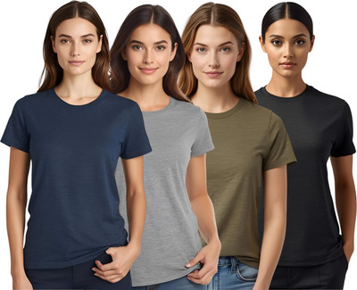 SHARXTRENDS Solid Women Round Neck Navy Blue, Black, Grey, Green T-Shirt
