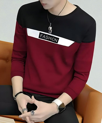 Autna Typography, Colorblock Men Round Neck Maroon, Black T-Shirt