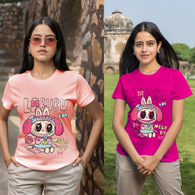 Kasendra Printed Women Round Neck Pink T-Shirt