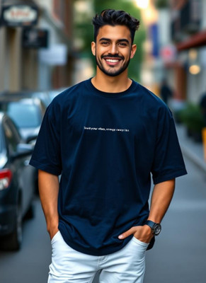UrGear Typography Men Round Neck Navy Blue T-Shirt