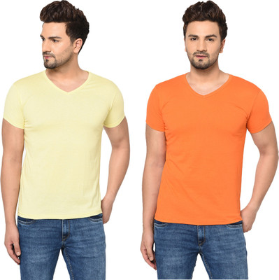 Adorbs Trend Solid, Self Design Men V Neck Orange, Yellow T-Shirt