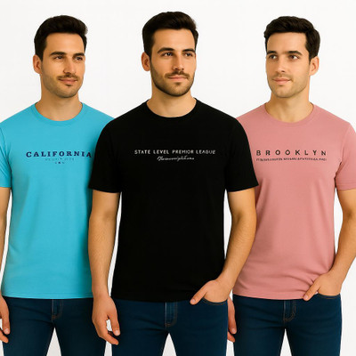 WHITE ROSE Typography Men Round Neck Blue, Black, Pink T-Shirt