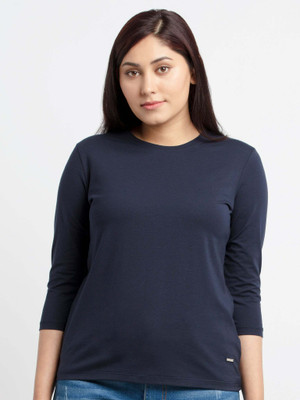 Status Quo Solid Women Round Neck Navy Blue T-Shirt