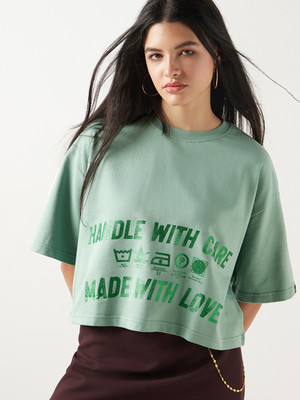 BEWAKOOF Graphic Print Women Round Neck Green T-Shirt