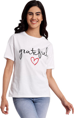 ikichic Printed, Typography Women Round Neck White T-Shirt
